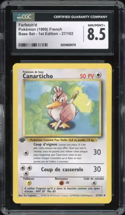 1999 Pokemon FRENCH 1st Edition Base Set Canarticho-Farfetch’d 27/102 CGC 8.5 - Image 1