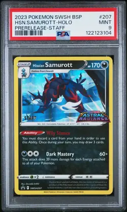 2023 POKEMON SWSH BLACK STAR PROMO PRERELEASE-STAFF HISUIAN SAMUROTT-HOLO PSA 9 - Image 1
