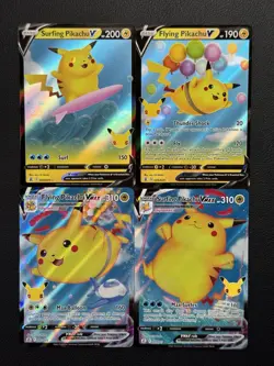 Pikachu Celebrations 25th Anniversary TCG Cards Lot of 4 Flying Surfing V VMAX - Image 1