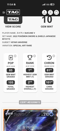 TAG 10 Suicune V 215 SAR Japanese Pokemon Card Vstar Universe US Seller - Image 3