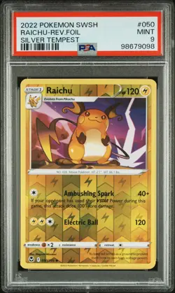2022 POKEMON SWORD & SHIELD SILVER TEMPEST #050 RAICHU-REVERSE FOIL PSA 9 - Image 1