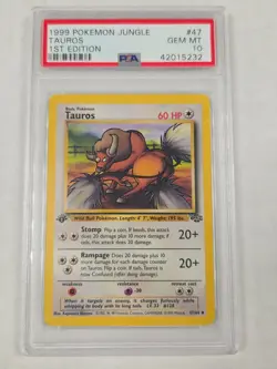 Pokemon 1999 Jungle 1st Edition Tauros Non Holo #47 PSA 10 - GEM MINT! - Image 1