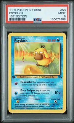 1999 Pokemon Fossil 1st Edition: Psyduck #53, PSA 9 Mint Condition, Vintage WOTC - Image 1