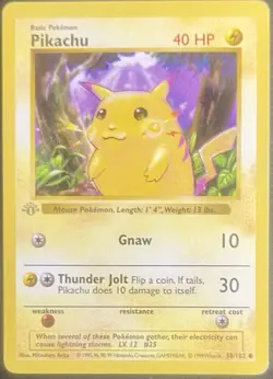 PIKACHU 1ST EDITION SHADOWLESS YELLOW CHEEKS GREY STAMP 1999 POKEMON #58/102 TCG - Image 1