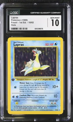 CGC 10 GEM MINT Lapras 1999 Fossil 1st Edition 10/62 Holo Pokemon Card - Image 1
