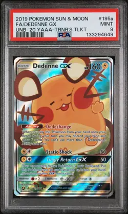 PSA 9 MINT 2019 Pokemon Unbroken Bonds DEDENNE GX #195a Full Art Alt - Image 1