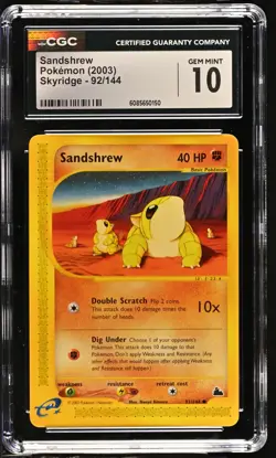 CGC 10 GEM MINT Sandshrew 2003 Skyridge 92/144 Pokemon Card - Image 1