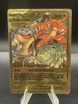 Pokemon Gold Foil Fan Art Toon Charizard & Blastoise & Venusaur Gx - Image 1