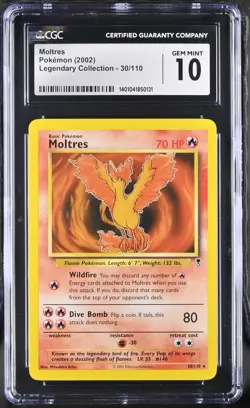 CGC 10 GEM MINT Moltres 2002 Legendary Collection 30/110 Rare Pokemon Card - Image 1