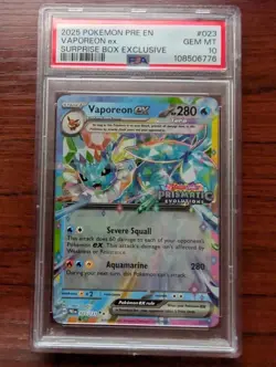 Pokemon TCG 2025 Prismatic Evolutions Vaporeon EX 023/131 SURPRISE BOX PSA 10 - Image 1