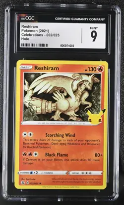 Pokemon Card RESHIRAM Holo Rare #002 Sword & Shield Celebrations CGC 9 MINT - Image 1