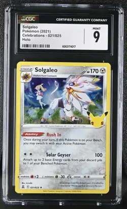 Pokemon Card SOLGALEO Holo Rare #021 Sword & Shield Celebrations CGC 9 MINT - Image 1