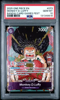2025 ONE PIECE OP07-073 BANDAI CARD GAMES FEST 25-26 MONKEY D LUFFY PROMO PSA 10 - Image 1