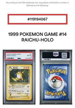 1999 Pokemon Game - Raichu-Holo - Holo - #14/102 - PSA 8 - FREE Shipping - Image 3