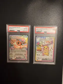 2024 POKEMON SSP EN-SURGING SPARKS ULTRA RARE #219 PIKACHU EX PSA 9 + Eevee EX!! - Image 1