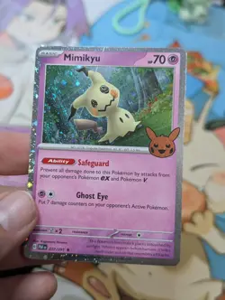 Pokemon Mimikyu Munkidori Trick or Trade Cosmos Holo Print Line Errors + Swirls - Image 2