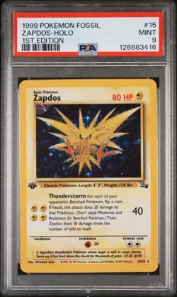 1999 POKEMON FOSSIL 1ST ED #15 ZAPDOS-HOLO PSA 9 - Image 1
