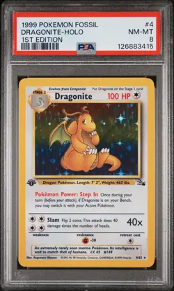 1999 POKEMON FOSSIL 1ST ED #4 DRAGONITE-HOLO PSA 8 - Image 1