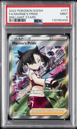 2022 POKEMON SWORD & SHIELD BRILLIANT STARS #171 FULL ART/MARNIE'S PRIDE PSA 9 - Image 1