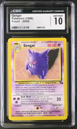 CGC 10 GEM MINT Gengar 1999 Fossil 20/62 Pokemon Card - Image 1