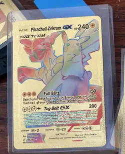 💥PIKACHU & ZEKROM GX 184/181 Tag Team Pokemon Gold 🌈 Rainbow Foil Card Fan Art - Image 1