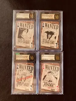 4 Cards Pristine 10's, 2012 One Piece Wanted Deck Nico Robin, M. Caesar Clown + - Image 1