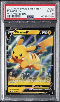 2020 POKEMON SWSH BLACK STAR PROMO V POWERS TINS #063 PIKACHU V PSA 9 - Image 1