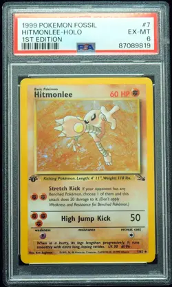 1st Edition Hitmonlee 7/62 PSA 6 Fossil Holo Pokemon Card - Image 1