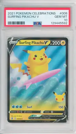 2021 Pokemon Celebrations SURFING PIKACHU V #008/025 💎 PSA 10 Gem Mint - Image 1