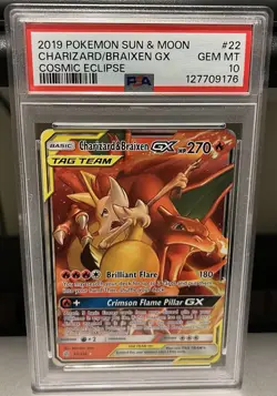 2019 Cosmic Eclipse CHarizard & Braixen GX Tag Team Card 22/236 Graded PSA 10 - Image 1