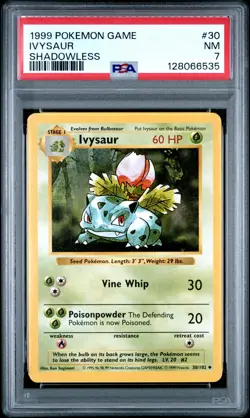 1999 POKEMON GAME SHADOWLESS #30 IVYSAUR PSA 7 - Image 1