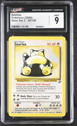 CGC 9 MINT Snorlax 2000 Base Set 2 30/130 Pokemon Card - Image 1