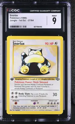 CGC 9 MINT Snorlax 1999 Jungle 1st Edition 27/64 Non Holo Rare Pokemon Card - Image 1