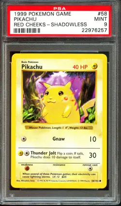 PSA 9 MINT Pikachu 58/102 Red Cheeks Shadowless Base Set 1999 Pokemon Card - Image 1
