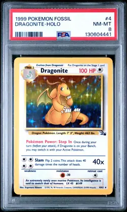 1999 POKEMON FOSSIL #4 DRAGONITE-HOLO PSA 8 - Image 1