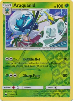 Pokemon - Araquanid - 15/147 - Rare - Reverse Holo - Sun & Moon Burning Shadows - Image 1