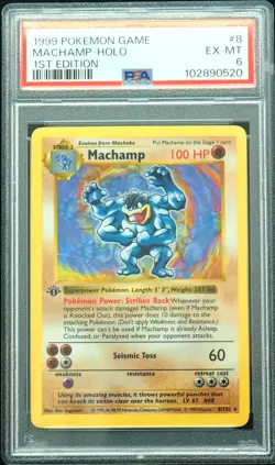 1st Edition Shadowless Machamp 8/102 Base Set Pokemon Card PSA 6 Super Clean - Image 1