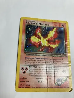 Pokemon Rocket’s Moltres 12/132 Gym Heroes Unlimited Holo Rare Damaged w/Swirl - Image 1