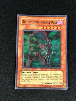 YUGIOH DESTINY HERO DOUBLE DUDE POTD-EN012 1ST SUPER HP/CREASES - Image 1