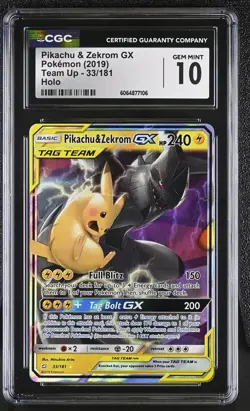 CGC 10 GEM MINT Pikachu & Zekrom GX 2019 Team Up 33/181 Holo Pokemon Card - Image 1