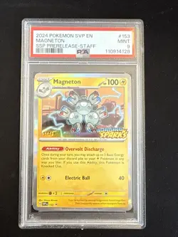 PSA 9 Pokemon Surging Sparks Magneton Pre-release Promo STAFF Card SVP 153 - Image 1