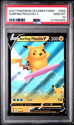 2021 POKEMON CELEBRATIONS #008 SURFING PIKACHU V PSA 10 - Image 1