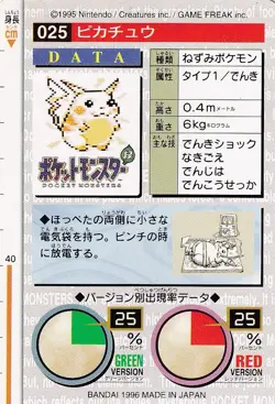 Pikachu Pokemon Carddass Green 1996 BANDAI #025 Pokemon Card Japanese - Image 2