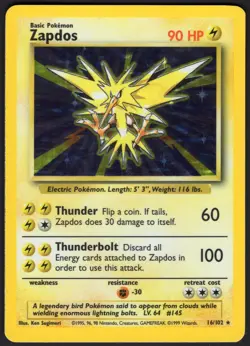 1999 Pokemon Base Set Zapdos 16/102 Holo Rare - Image 1