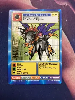 DIGIMON Digital Monsters METALGREYMON Gold Text Bo-80 Trading Card 1999 BANDAI - Image 1