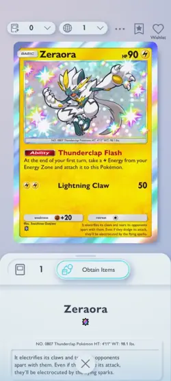 Zeraora Shiny 1?, Pokemon TCG Pocket, Mega-Rising, English - Image 1