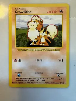 Growlithe 28/102 Pokemon TCG Base Set Shadowless Unlimited Regular Uncommon LP - Image 1