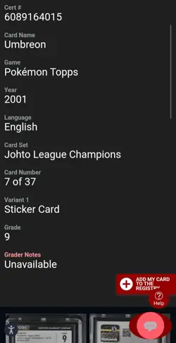 CGC 9 Umbreon 2001 Johto League Champions Topps 7 of 37 Sticker Pokemon Card - Image 4