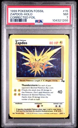 1999 POKEMON FOSSIL CORRECTED FOIL #15 ZAPDOS-HOLO PSA 7 - Image 1