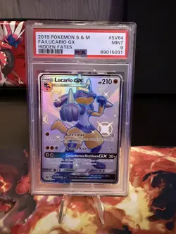 2019 Pokemon TCG Lucario GX SV64/SV94 PSA 9 Mint Hidden Fates Full Art Shiny - Image 1